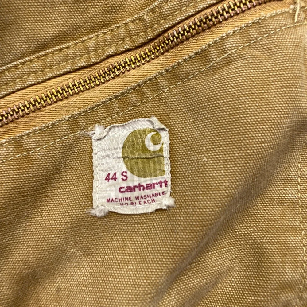 VTG Carhartt Duck Canvas‎ Quilt Lined Coveralls Brown 44 S Distressed 9960Z Zip